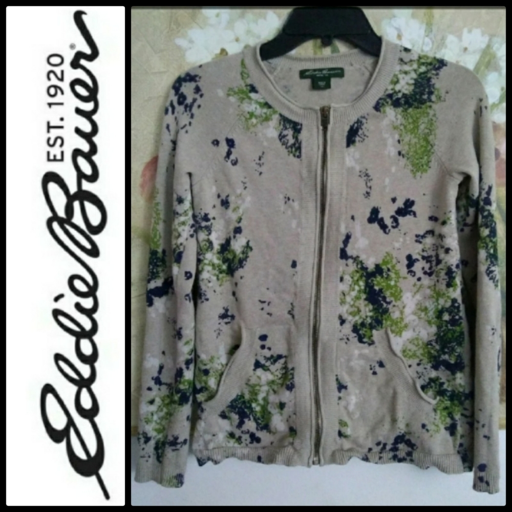 EDDIE BAUER SPLATTER PRINT ZIP UP SWEATER